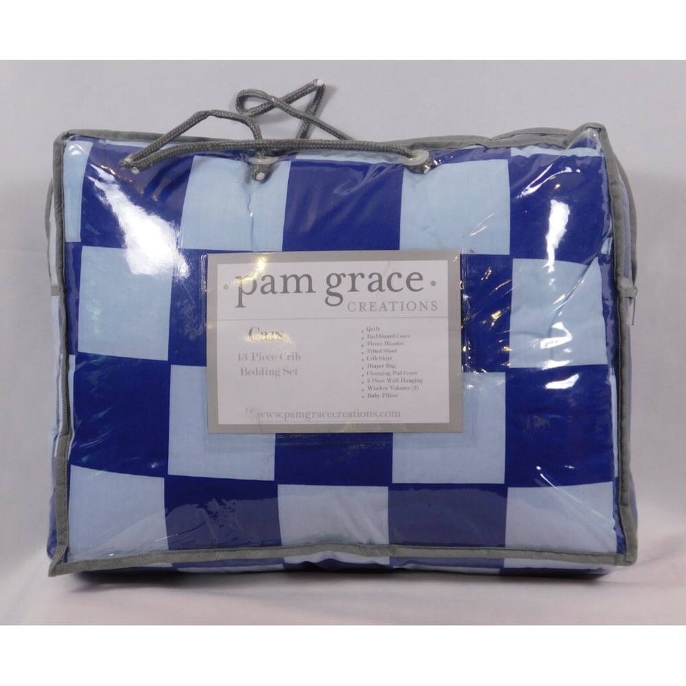 Pam Grace Cars 13 Piece Crib Bedding Set Dark Blue/Light Blue Checker Pattern